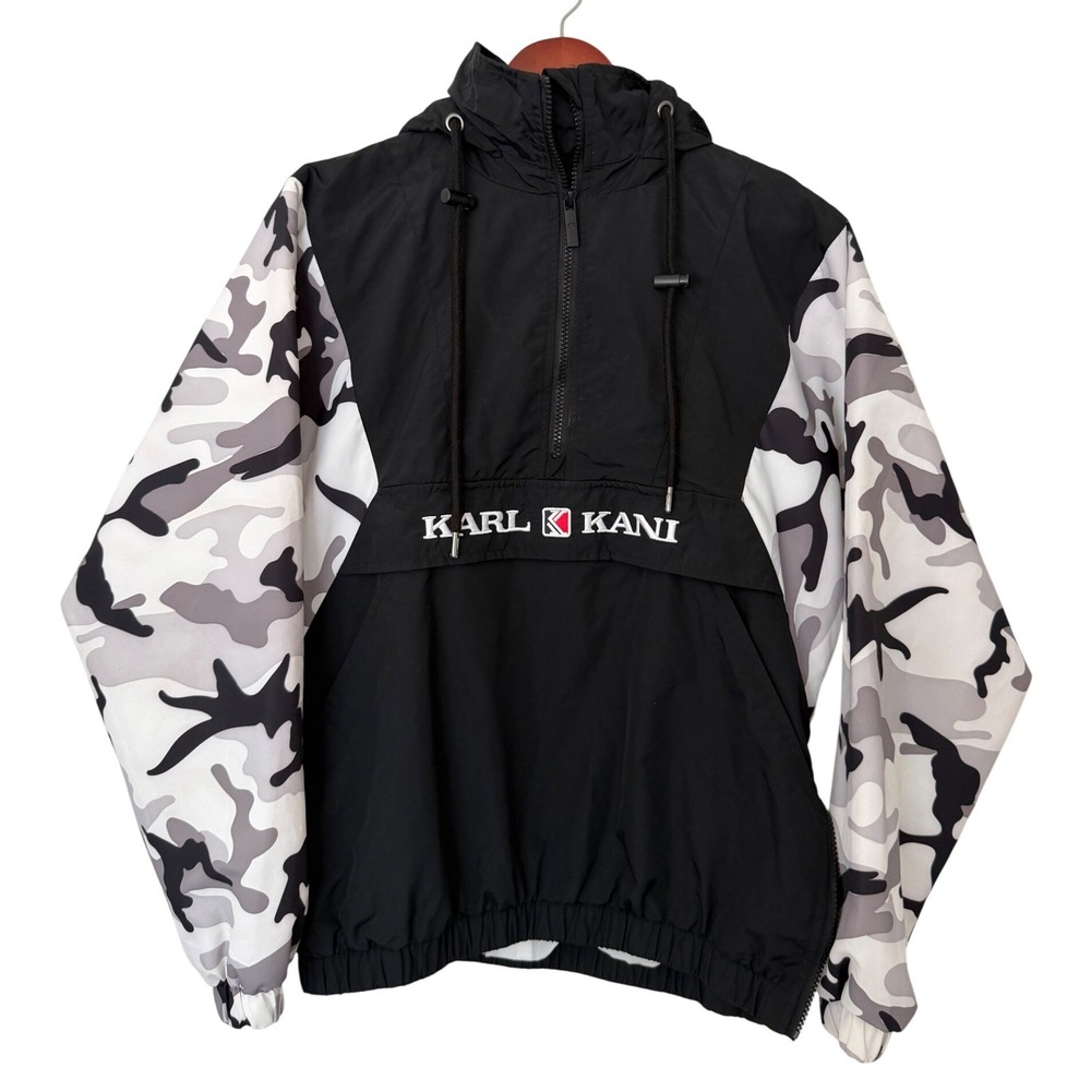 Karl Kani XS Black White Camo Anorak Pullover Hooded Windbreaker KKWQ41930